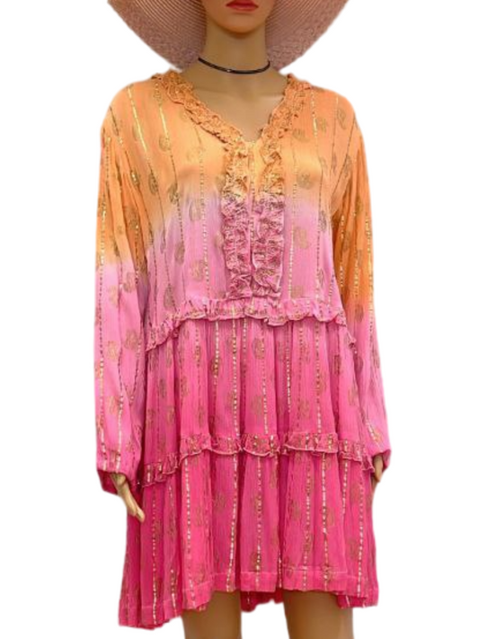 Ombre Pink and Orange Boho Dress with Gold Accents