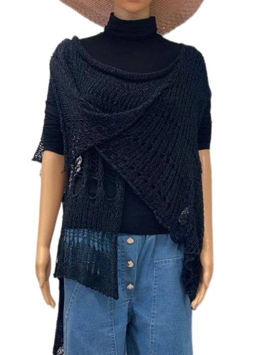 Elegant Black Knit Asymmetrical Poncho