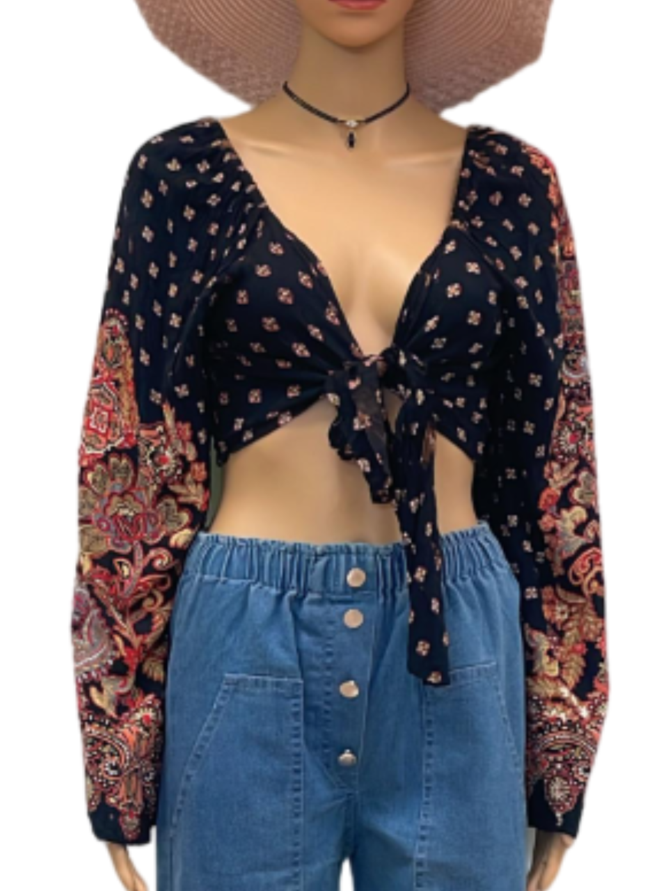 Boho Chic Tie-Front Crop Top with Long Sleeves