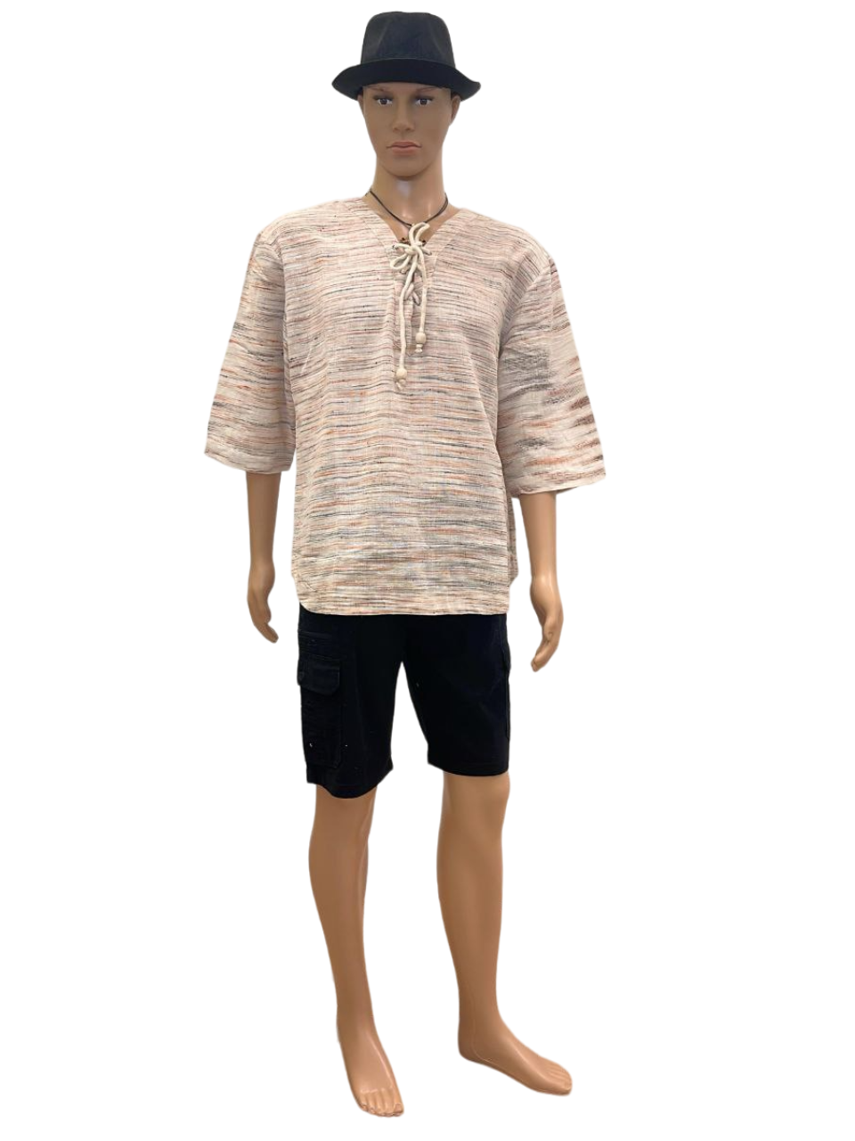 Men's Bohemian Beige Lace-Up Cotton Shirt