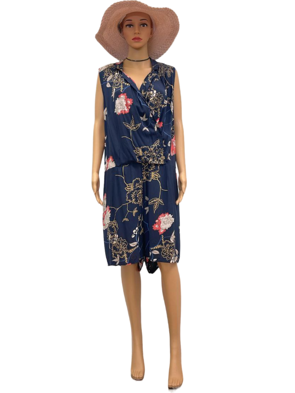 Navy Floral Sleeveless Wrap Dress