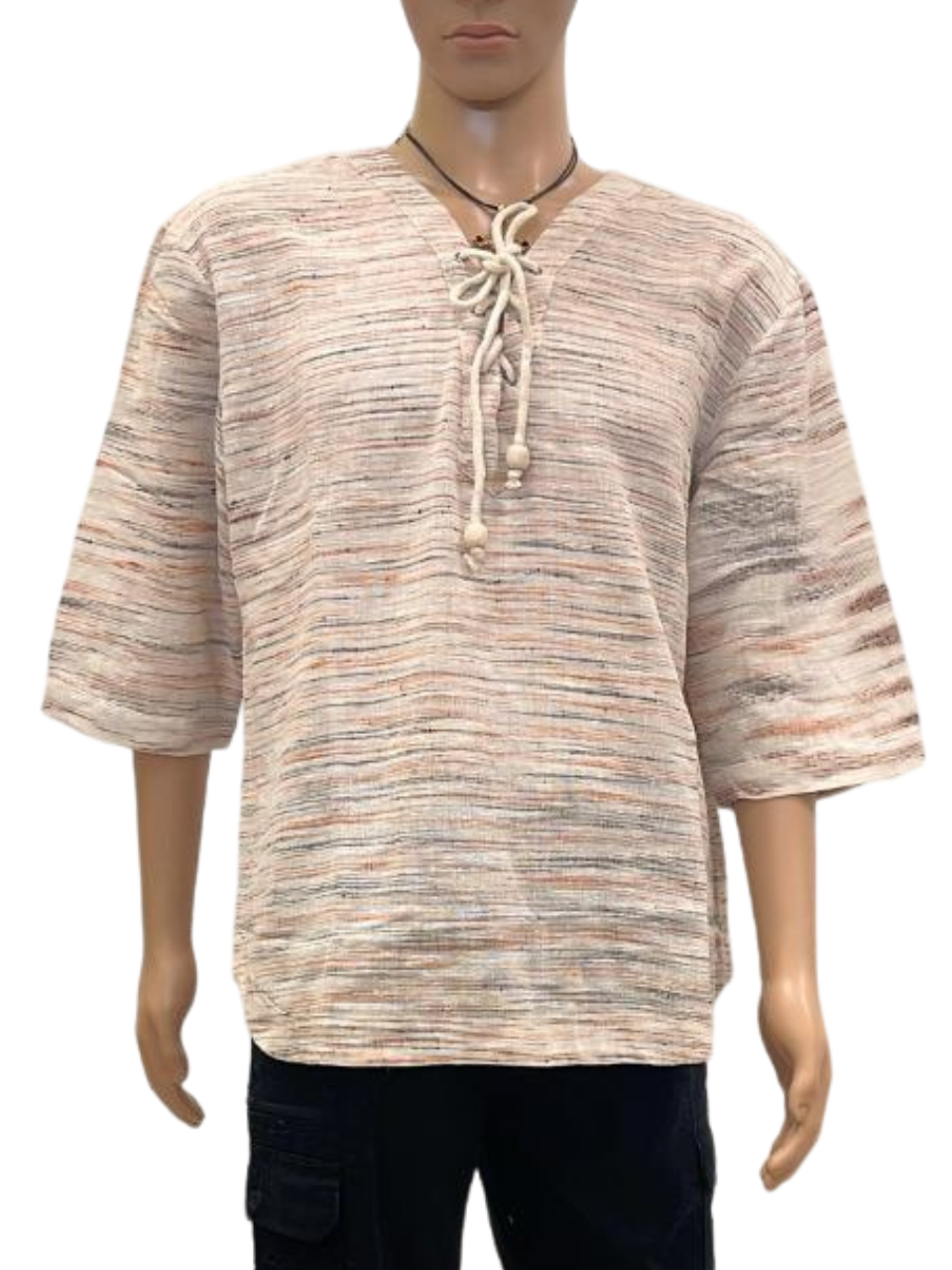 Men's Bohemian Beige Lace-Up Cotton Shirt