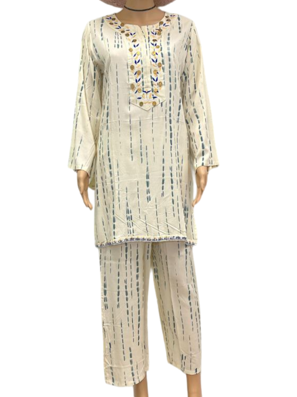 Cream and Blue Handwoven Cotton Kurta Set with Embroidery