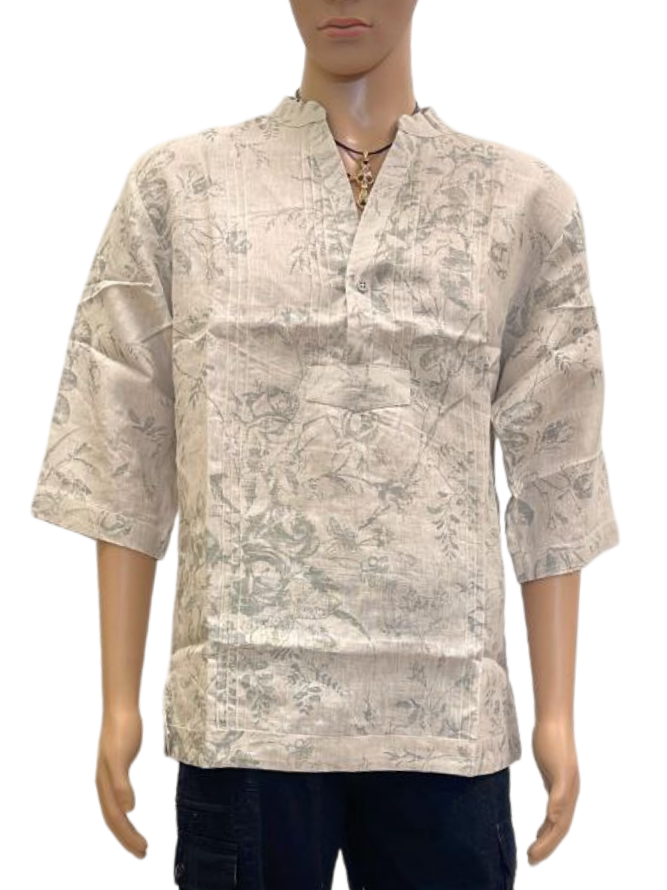 Men's Floral Beige Half-Placket Cotton Shirt