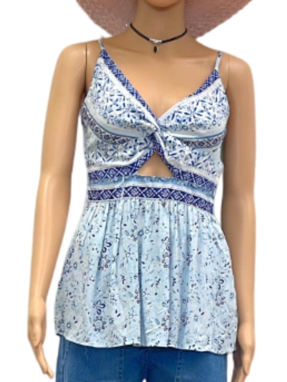 Bohemian Blue Floral Knot-Front Tank Top