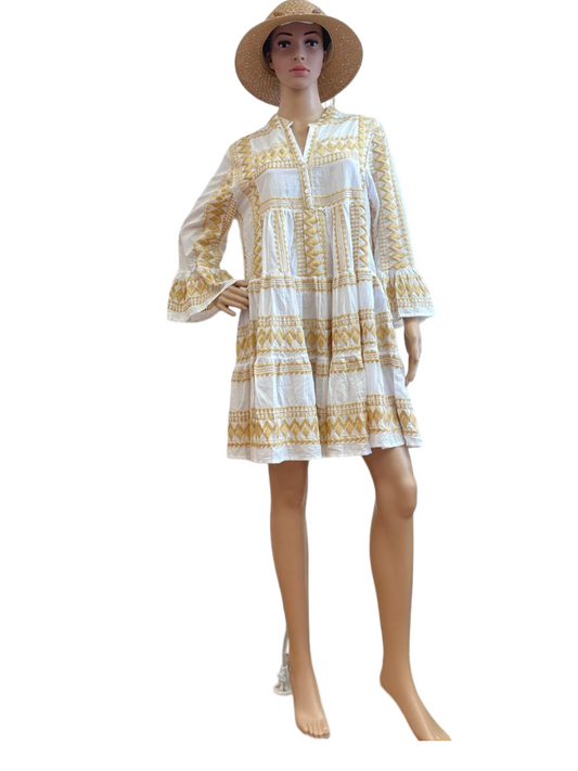 Boho Chic Embroidered Tunic Dress with Flared Sleeves