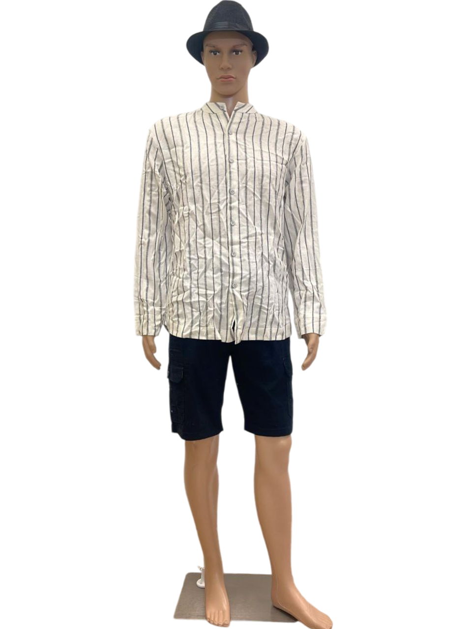 Men's Striped Band Collar Long-Sleeve Shirt