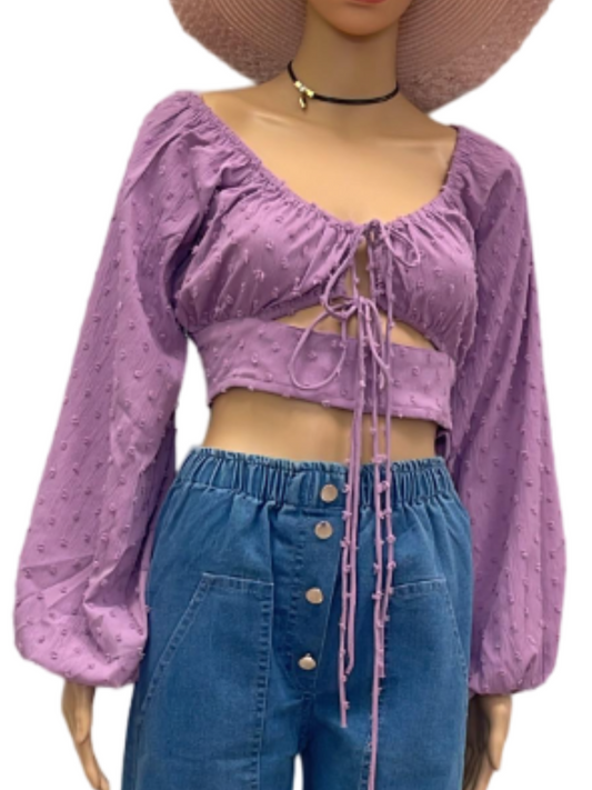 Chic Lavender Boho Crop Top with Puff Sleeves and Front Tie