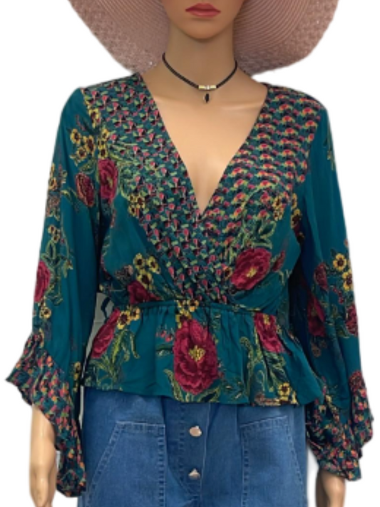 Bohemian Teal Floral Blouse with Ruffled Sleeves and Smocked Waist