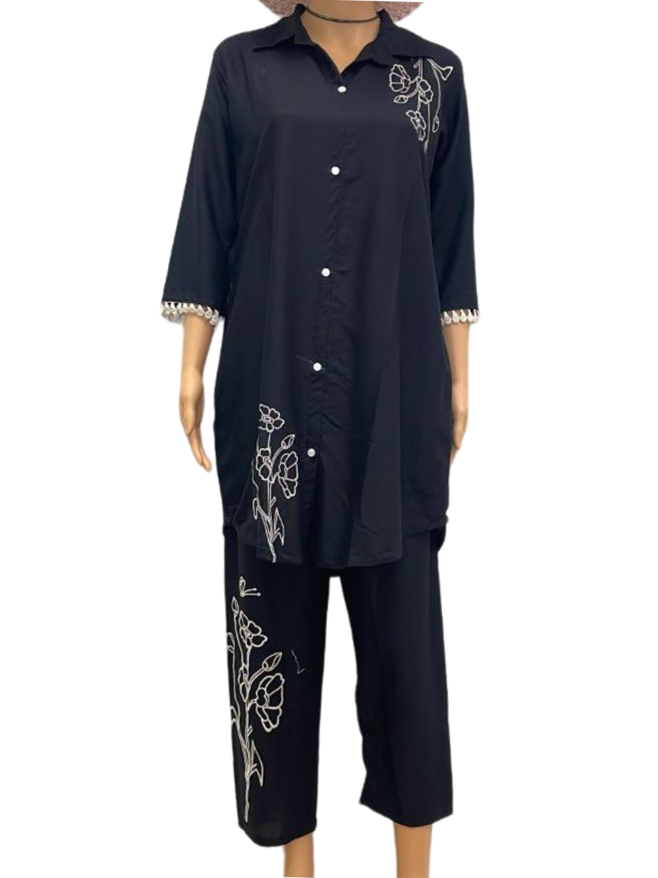 Black Embroidered Button-Up Tunic Set