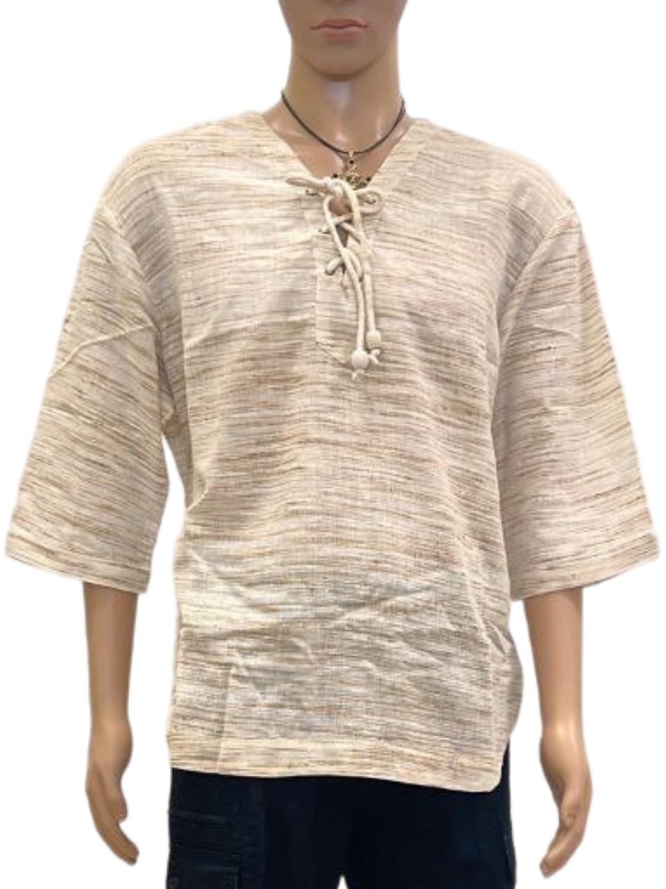 Men's Beige Textured V-Neck Lace-Up Shirt