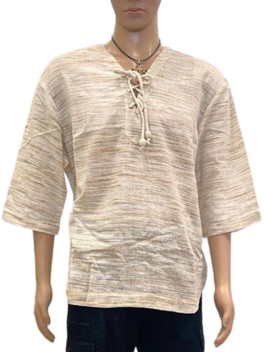 Men's Beige Textured V-Neck Lace-Up Shirt