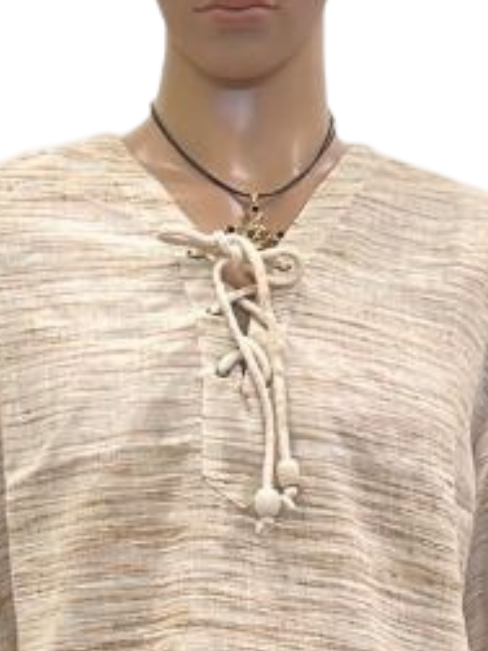 Men's Beige Textured V-Neck Lace-Up Shirt