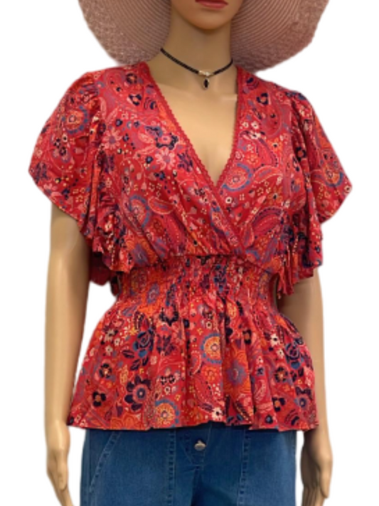 Chic Red Floral Smocked Waist Blouse with Flutter Sleeves