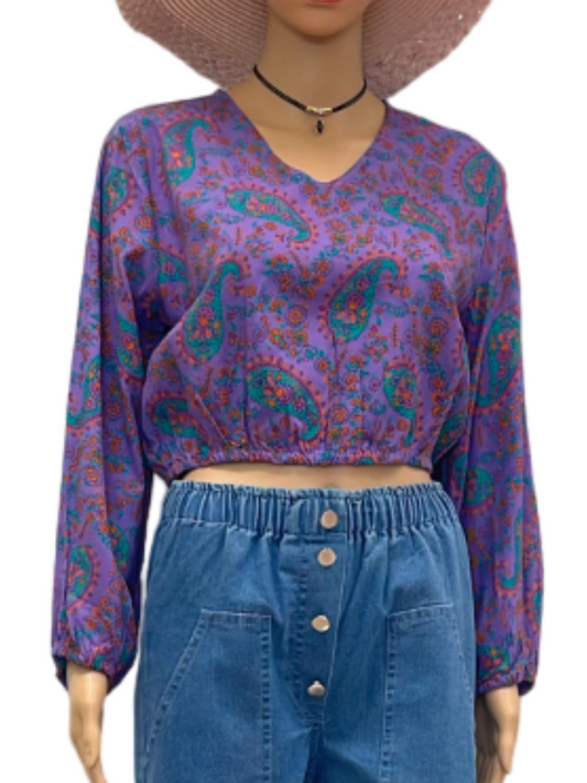 Boho Paisley Print Long Sleeve Crop Top