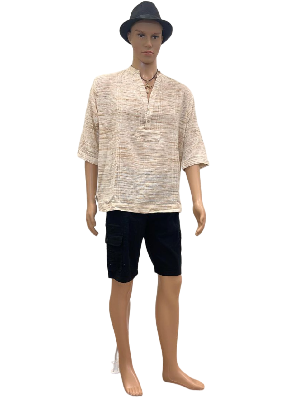 Men's Beige Textured Half-Sleeve Cotton Shirt