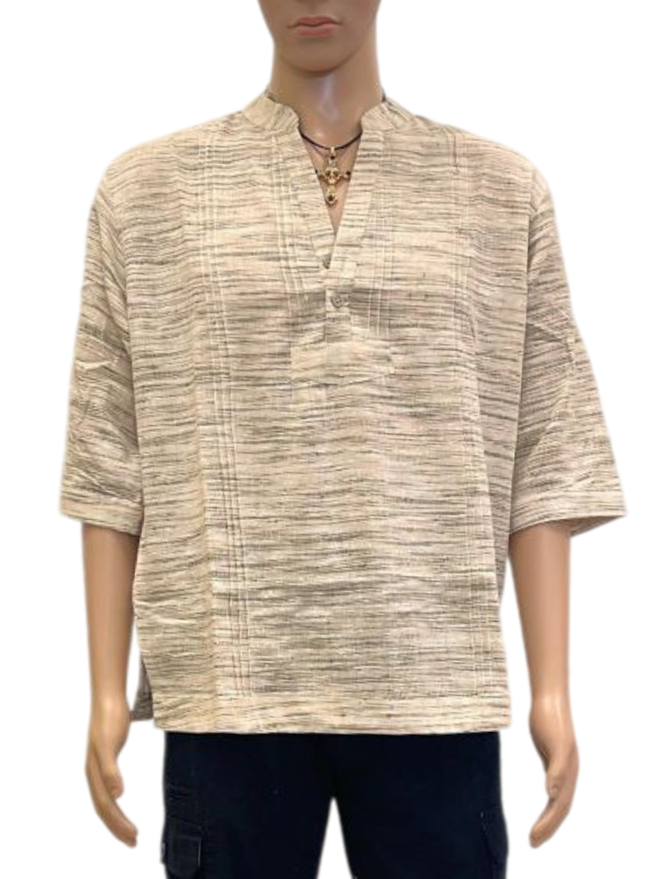 Men's Beige Textured V-Neck Shirt