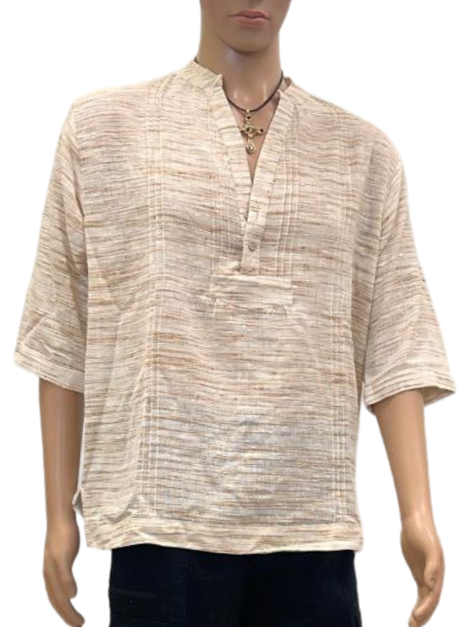 Men's Beige Textured Half-Sleeve Cotton Shirt