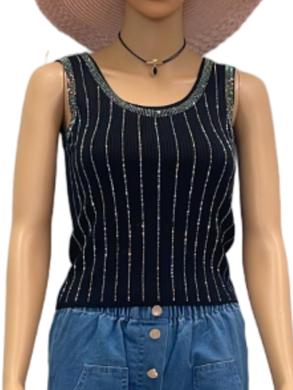 Elegant Striped Black Tank Top with Glitter Accents