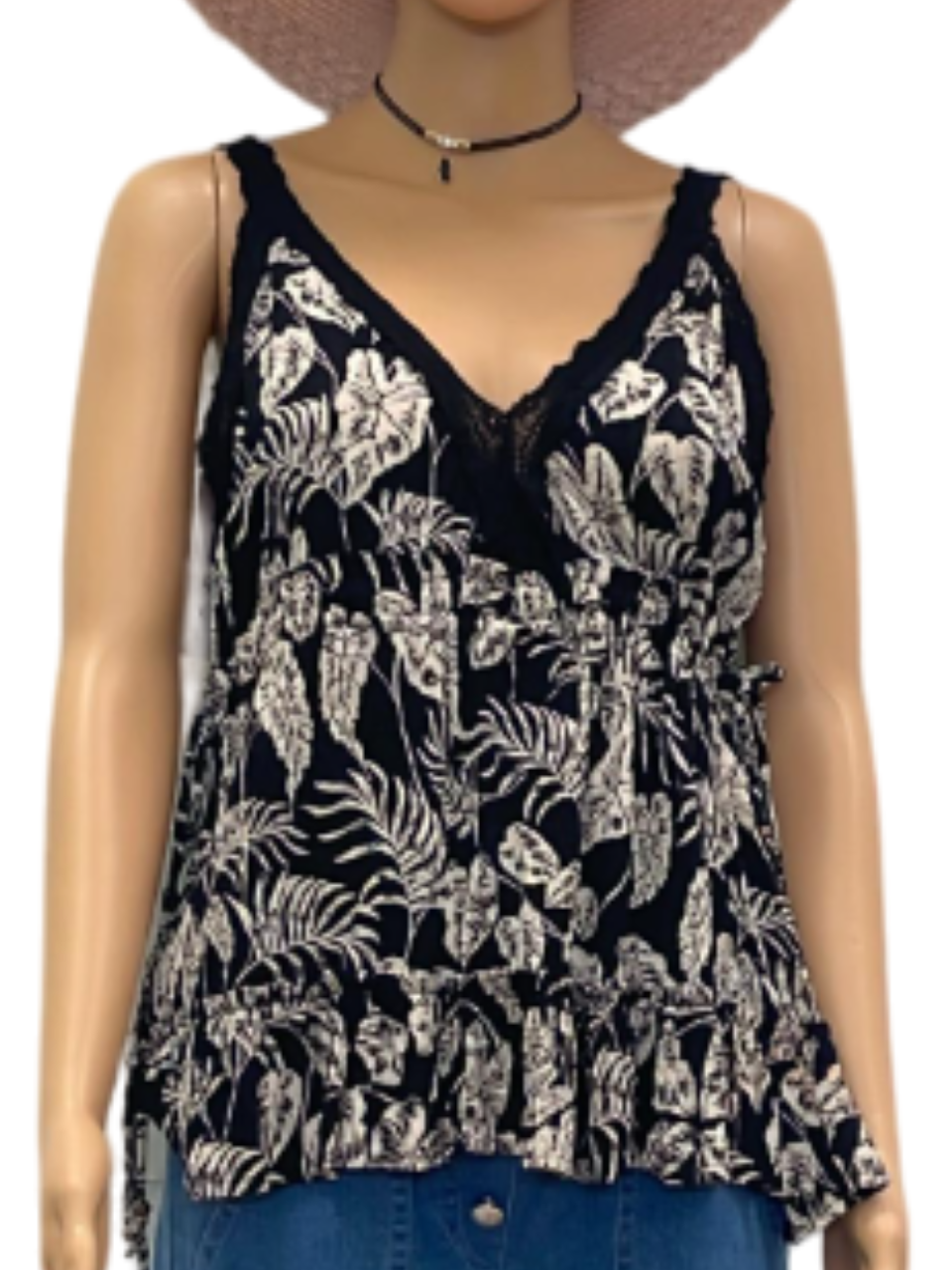 Chic Tropical Print Lace Trim Cami Top