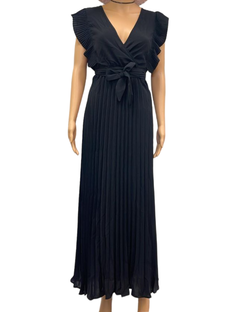 Black Pleated Maxi Dress with Ruffled Sleeves