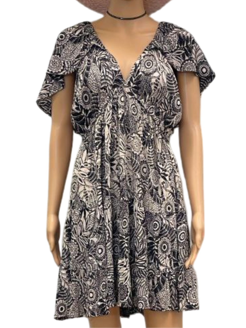 Black and White Abstract Print V-Neck Mini Dress