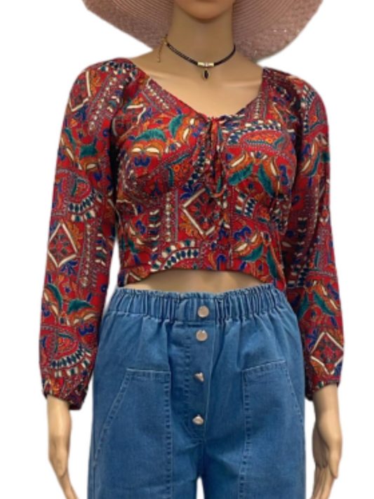 Boho Print Long Sleeve Crop Top with Front Tie