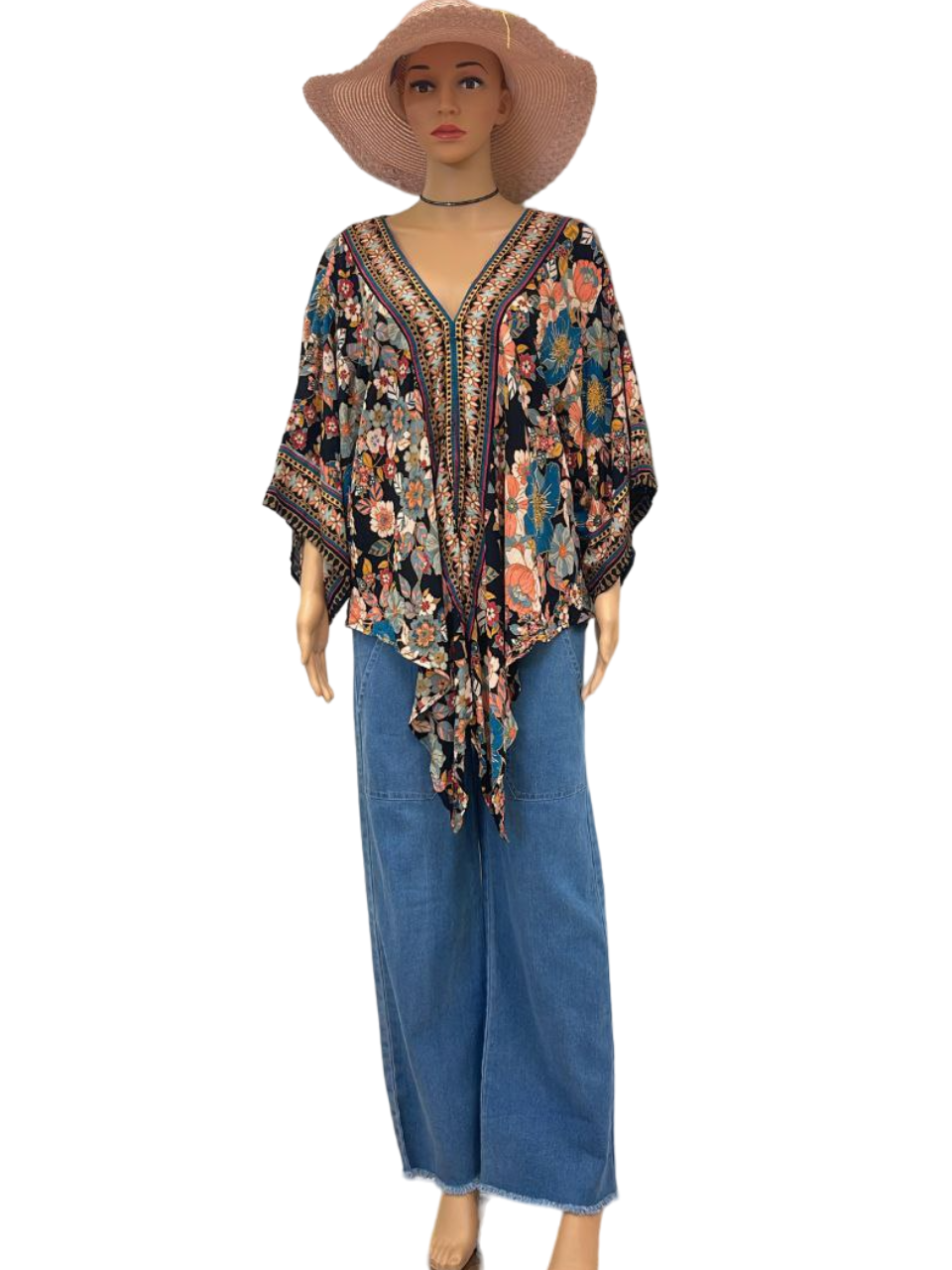 Boho Chic Floral Print V-Neck Kaftan Top